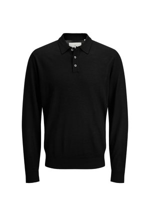 Must värvi pikkade varrukatega polo särk, millel on kolm nööpi ja soonikkoesääred ja -äär, esitleb valge taustal.
