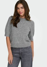 Gray knit sweater with short puff sleeves and a round neckline, featuring white pearl accents distributed across the front.