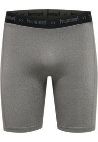 Grå idrottsshorts med en slät textur, som har en svart märkesmidja och en åtsittande design.