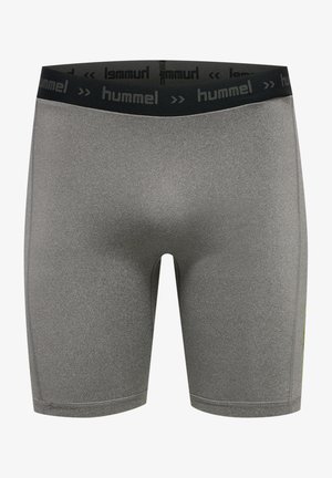 Graue Sportshorts mit glatter Textur, ausgestattet mit einem schwarzen Markenbund und enger Passform.