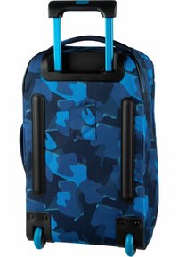 Rolling suitcase in blue camo pattern, featuring a black handle and body with blue accents. Equipped with two black wheels.