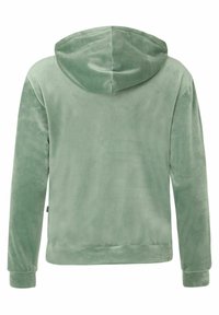 Felpa con cappuccio di un verde chiaro, con una texture morbida e peluche e maniche lunghe. Presenta una tasca a marsupio e polsini a coste.
