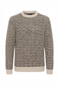 Pulover din tricot cu un model texturat într-o nuanță de bej și negru, cu guler rotund și manșete și tiv ribbate.