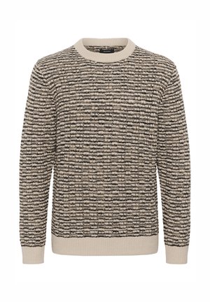 Knit sweater featuring a textured pattern in beige and black, with a round neck and ribbed cuffs and hem.