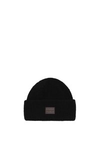 Gorro de canalé negro con dobladillo y un pequeño parche de logo marrón con la inscripción "BIMBA Y LOLA" en la parte frontal. Está hecho de tejido de punto texturizado.