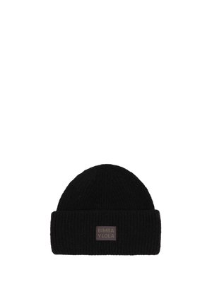Gorro de canalé negro con dobladillo y un pequeño parche de logo marrón con la inscripción "BIMBA Y LOLA" en la parte frontal. Está hecho de tejido de punto texturizado.