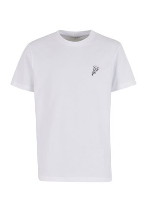 Hvid bomulds t-shirt med et lille sort isvaffel grafisk motiv på venstre brystområde. Klassisk rund halsudskæring og korte ærmer.