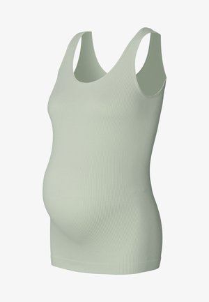 Light green ribbed maternity tank top with a scoop neckline and sleeveless design, tailored for a fitted shape to accommodate a growing belly.