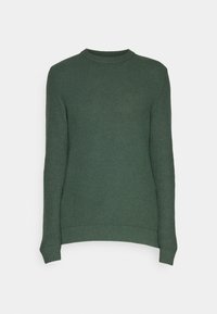 Zielony sweter robiony na drutach z okrągłym dekoltem, fakturowanym materiałem oraz ściągaczami przy mankietach i dolnej krawędzi. Klasyczny krój z długimi rękawami.