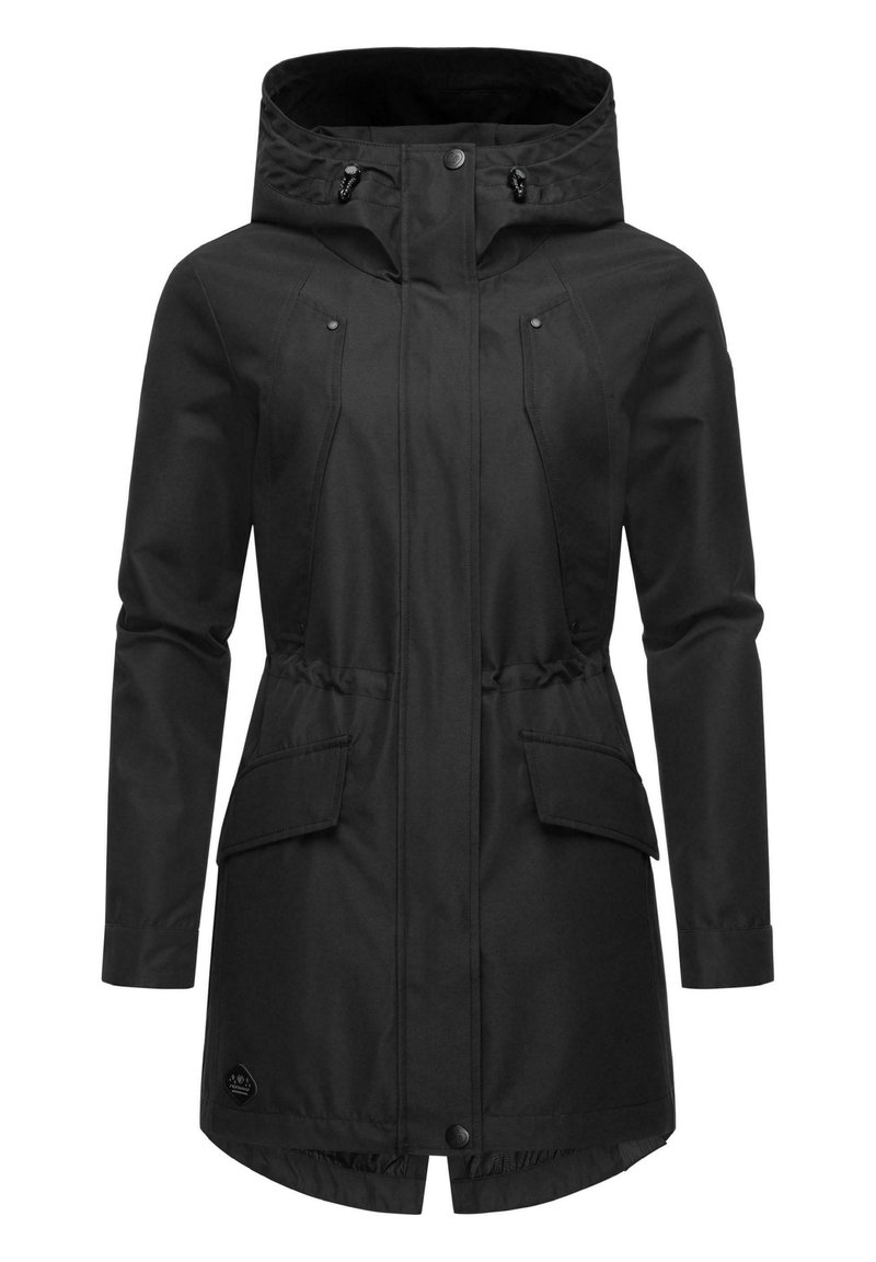 Veste noire imperméable avec capuche, deux poches avant, taille ajustable et design épuré. Fabriquée à partir de tissu durable. Fermeture par boutons et zip.