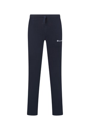 Pantaloni sportivi con coulisse di colore blu navy, con gambe affusolate e piccolo logo Champion bianco sulla parte superiore della coscia sinistra.