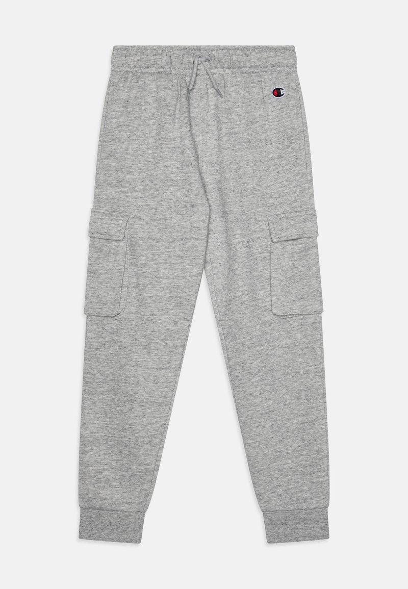 Grå joggebukser laget av myk tekstil, med elastisk midje med snor, to side cargo-lommer og ribbede mansjetter.