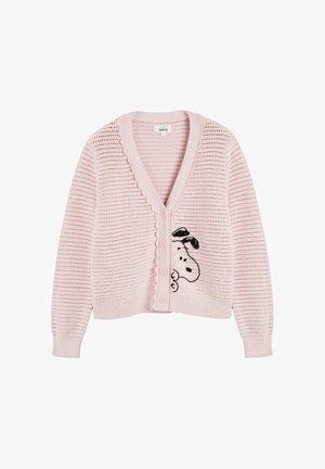 Lichtroze gebreid vestje met knopen, geschulpte randen, open gebreid patroon en zwarte Snoopy-gezicht borduursel aan de rechter voorkant.