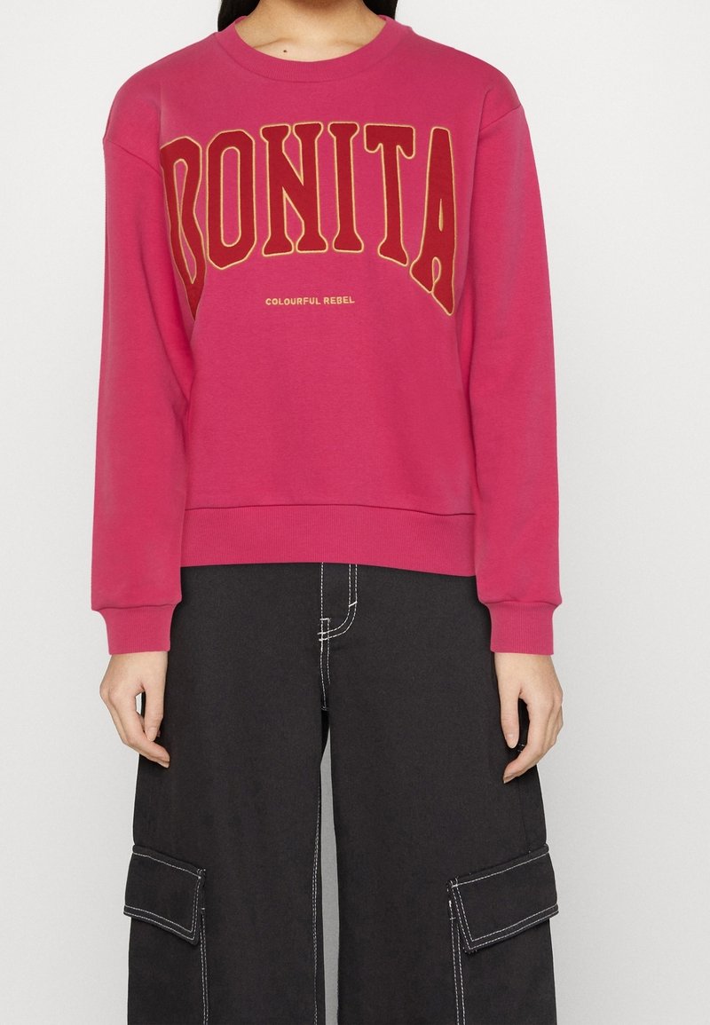 Personne portant un sweat-shirt rose avec les inscriptions "BONITA" et "COLOURFUL REBEL", associée à un pantalon cargo noir avec des coutures blanches.