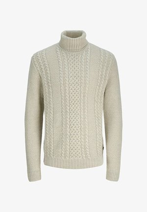 Beige knitted turtleneck sweater featuring cable and textured patterns, ribbed cuffs and hem, and a cozy design suitable for cooler weather.