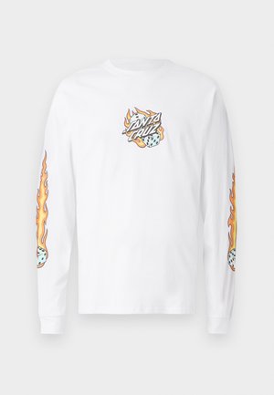 White long-sleeve T-shirt featuring a central graphic with flames and dice, complemented by flame graphics on each sleeve. Cotton material.