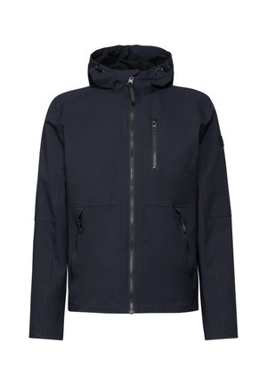 Navyblauwe jacket, met capuchon, heeft een ritssluiting aan de voorkant en twee zijzakken. Het materiaal lijkt glad met een moderne, strakke uitstraling.