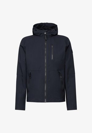 Granatowa kurtka, z kapturem, z zamkiem błyskawicznym z przodu i dwoma bocznymi kieszeniami. Materiał wydaje się gładki, z nowoczesnym, schludnym krojem.