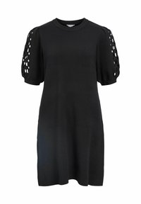 Schwarzes Strickkleid mit Rundhalsausschnitt, kurzen Puffärmeln mit runden Auschnitten. Glatte Textur, mittellang, lässiges Design.
