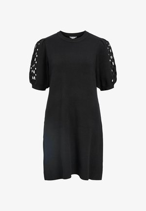 Robe en tricot noire avec un col rond, manches courtes bouffantes présentant des découpes circulaires. Texture lisse, longueur mi-mollet, design décontracté.