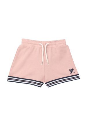 Pantaloncini casual rosa chiaro con vita elasticizzata e coulisse bianca, bordo a righe navy e bianche, e piccolo logo navy sulla gamba sinistra.