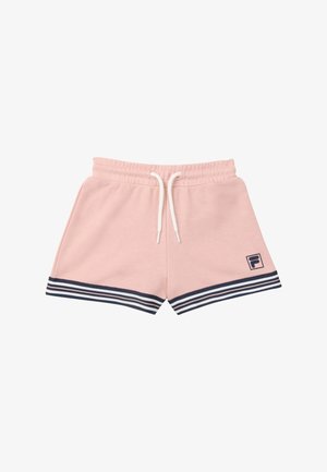 Lyserøde afslappede shorts med elastisk taljebånd og hvid snor, navy- og hvidstribet kant og lille navy logo på venstre ben.