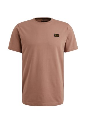 Bruine korte mouwen T-shirt van zacht katoen met een ronde hals, voorzien van een klein zwart label op de linkerborst.