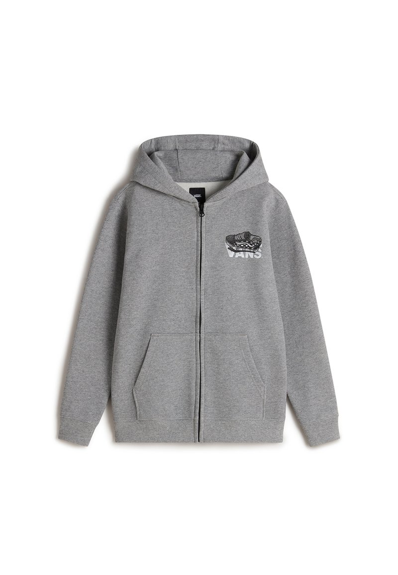 Sudadera gris con cremallera hecha de una suave mezcla de algodón, con capucha, bolsillos frontales y un gráfico del logo de Vans en el lado izquierdo del pecho.