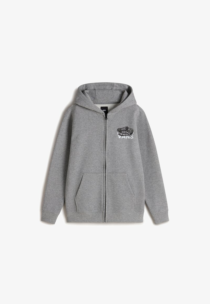 Szara bluza zapinana na zamek, wykonana z miękkiej mieszanki bawełny, z kapturem, przednimi kieszeniami oraz grafiką logo Vans na lewej piersi.