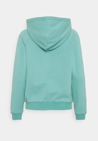 Hoodie bleu-vert clair avec une capuche, fabriqué en matériau doux et texturé. Dispose de manches raglan et de poignets et ourlet côtelés. Design simple.