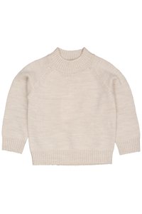 Pulover din tricot de culoare bej deschis, cu guler înalt, mâneci raglan, manșete și tiv cu model în relief. Textură moale, model minim și croială lejeră.