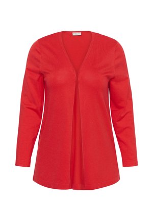 Cardigan rouge à manches longues à ouverture devant, col en V et texture de tissu simple et lisse, présenté sur un fond blanc uni.