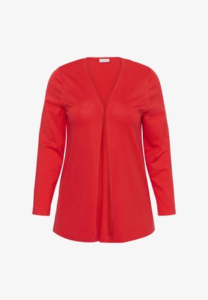 Cardigan rouge à manches longues à ouverture devant, col en V et texture de tissu simple et lisse, présenté sur un fond blanc uni.