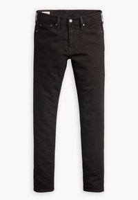 Jeans de mezclilla negra con corte slim, que cuentan con un diseño estándar de cinco bolsillos, cierre de botón metálico y costuras blancas en contraste.