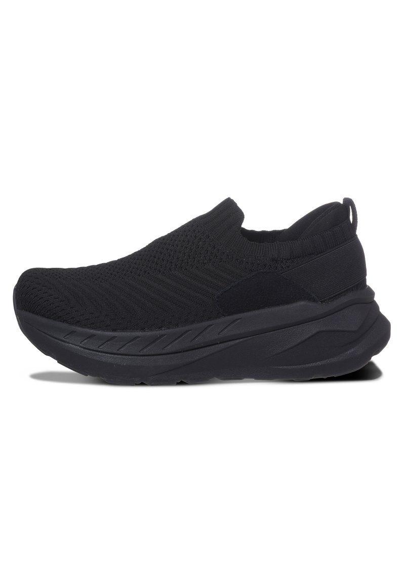 Schwarze Slip-on-Sneaker mit einem atmungsaktiven Strick-Obermaterial, gepolstertem Fußbett und einem strukturierten Design mit einer flachen Gummisohle.