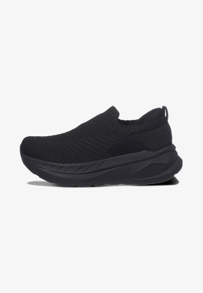 Black slip-on sneakers featuring a breathable knitted upper, cushioned sole, and a textured design with a flat rubber outsole.