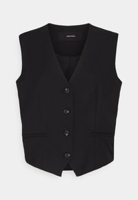 Schwarze ärmellose Weste aus glattem Stoff mit V-Ausschnitt, vorderem Knopfverschluss und zwei seitlichen Taschen für eine taillierte Passform.