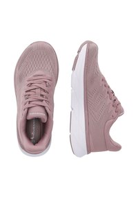 Rosa mesh löparskor med vadderad krage, andningsbart ovandel, rund tå, texturerad design och vit gummisula. Sido- och ovansidovybilder ingår.