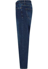 Tumma farkut, joissa on slim fit -leikkaus, haalistunut pinta, perinteinen viisi-taskuinen muotoilu ja erottuva ommel saumoissa.