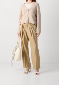 Cardigan beige a maglia con scollo a V e tre bottoni abbinato a pantaloni beige plissettati, tacchi bianchi e una borsa crema decorata con una sciarpa blu.