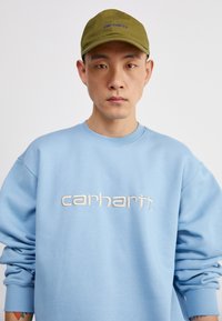 Sudadera azul claro con el logo bordado en color beige "carhartt", con cuello redondo y corte holgado. Combinada con una gorra verde que muestra el mismo logo.