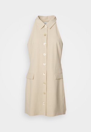 Beige ärmelloses Kleid mit Kragen, Vorderknöpfen, zwei Seitentaschen und geradem Schnitt. Aus strukturiertem Stoff gefertigt.