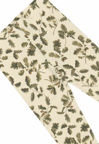 Leggings in tessuto crema con un motivo di foglie di quercia e ghiande in tonalità di verde e marrone, con una texture liscia e una vita elasticizzata.