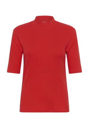 Camiseta de punto acanalado roja con un cuello alto y mangas cortas, de forma ajustada y textura suave.