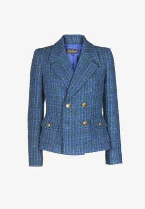 Blå tweed dobbeltradet blazer med guldfarvede knapper, brede revers, to forlommer og strukturerede skuldre, vist på ensfarvet baggrund.