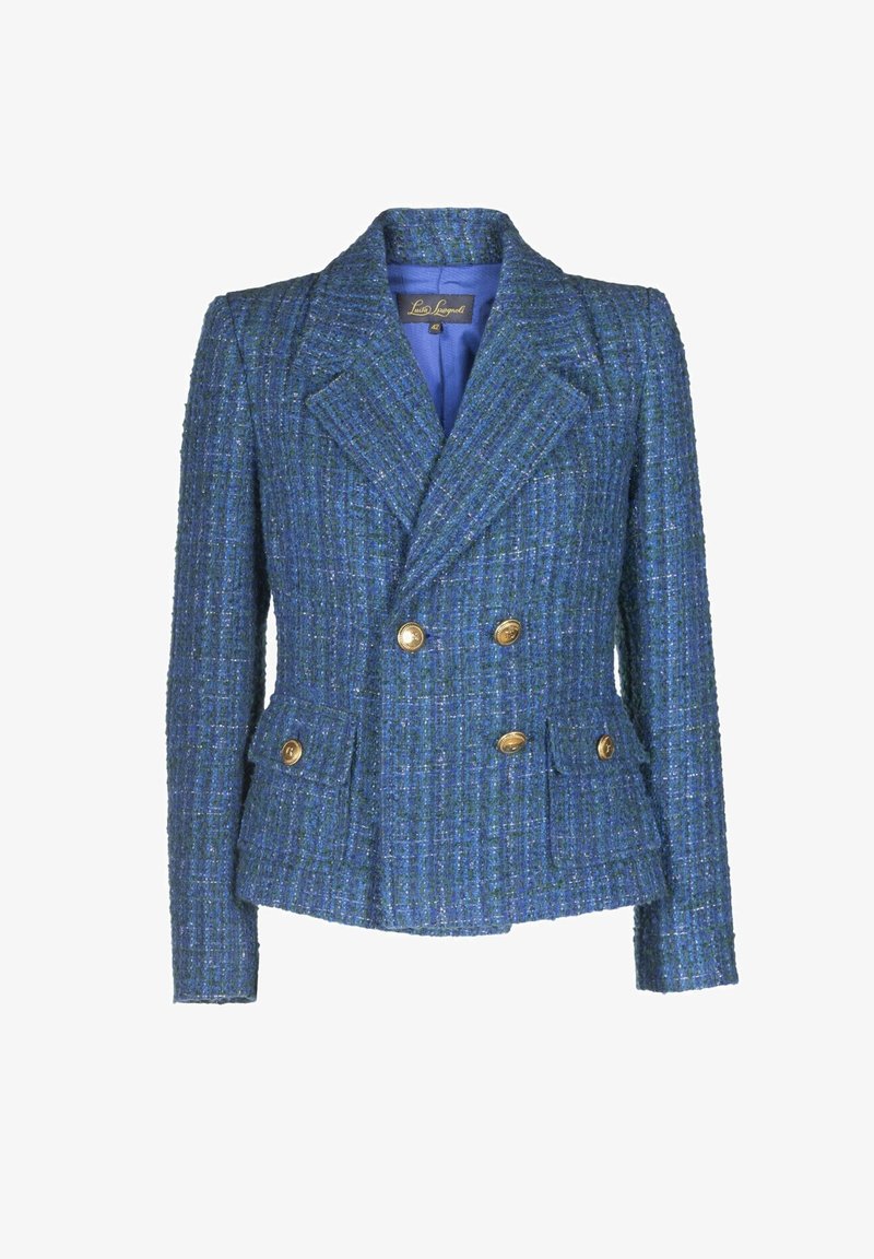 Blazer croisé en tweed bleu avec boutons dorés, larges revers, deux poches à l'avant et épaules structurées, présenté sur un fond uni.