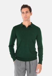 Pullover verde a maglia con scollatura a V e colletto ribattuto. Maniche lunghe e orlo a coste. Indossato con pantaloni grigi chiari plissettati.
