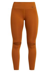 Leggings sportivi arancioni con vita alta, caratterizzati da dettagli a taglio sulle ginocchia e un piccolo logo nero sulla vita.