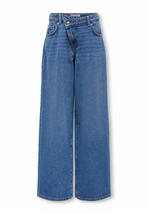 Jeans in denim blu a gamba larga con vita alta, passanti per cintura, tasche frontali e chiusura con bottone e zip sul davanti.