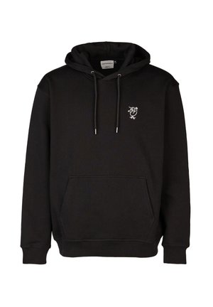 Sweatshirt à capuche noir en mélange coton. Il dispose d'une poche kangourou sur le devant et d'un design brodé blanc sur la poitrine gauche.